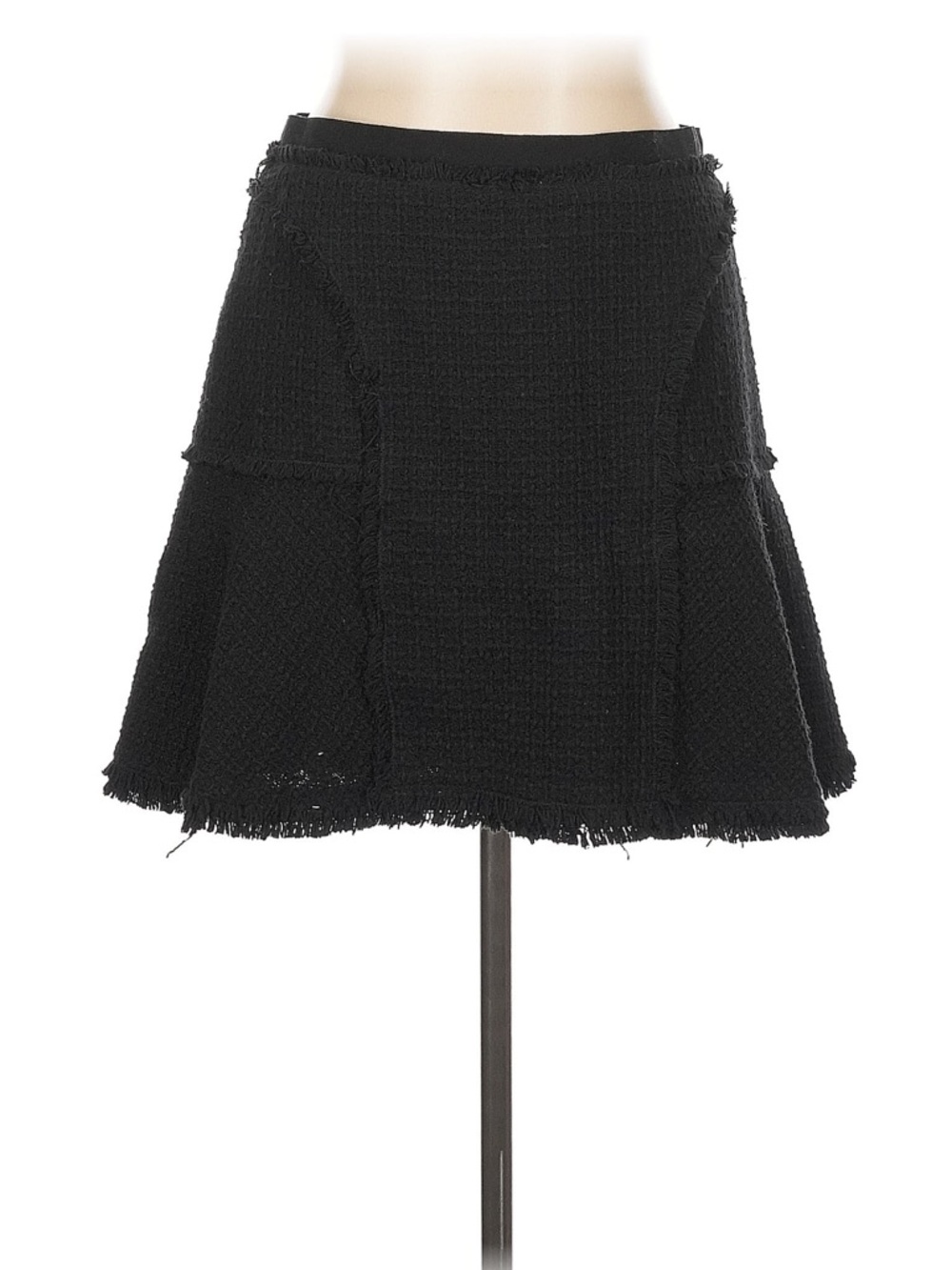Rebecca Taylor Black Textured A-Line Skirt with Fringe Trim